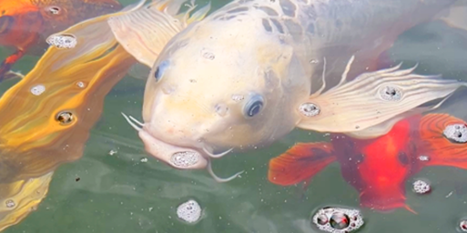 A closeup of koi fish in Wasson's Fishers Garden Center koi pond
