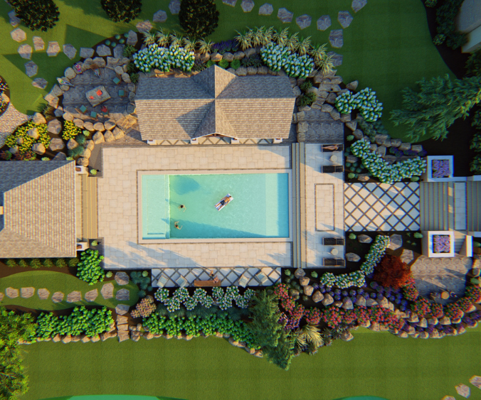 A 3D render of a design build project featuring a pool and pergola
