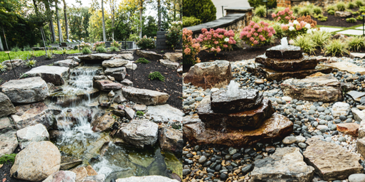 Left image showcases a mandmade waterfall cascade with rocks and softscaping. Right image showcases a rock bubbler with surrounding softscape