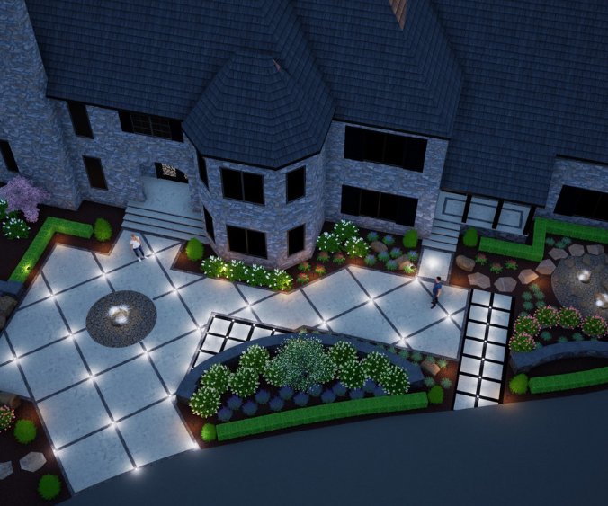 Aerial 3D render of a front yard landscape design featuring pavers and rock bubblers with softscaping and lighting throughout