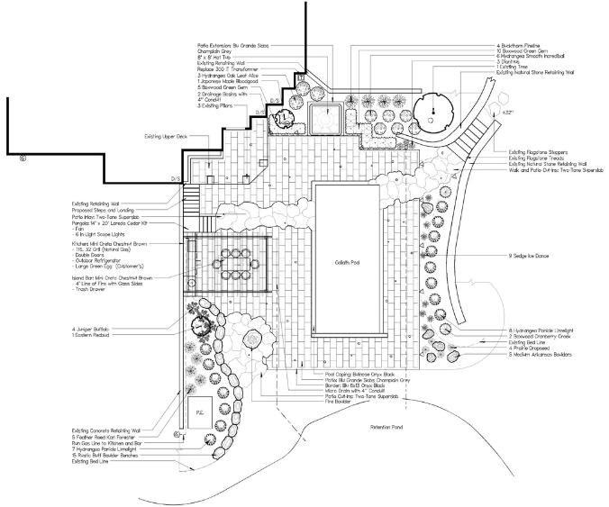 Black and white plans of a design build featuring a patio and pool