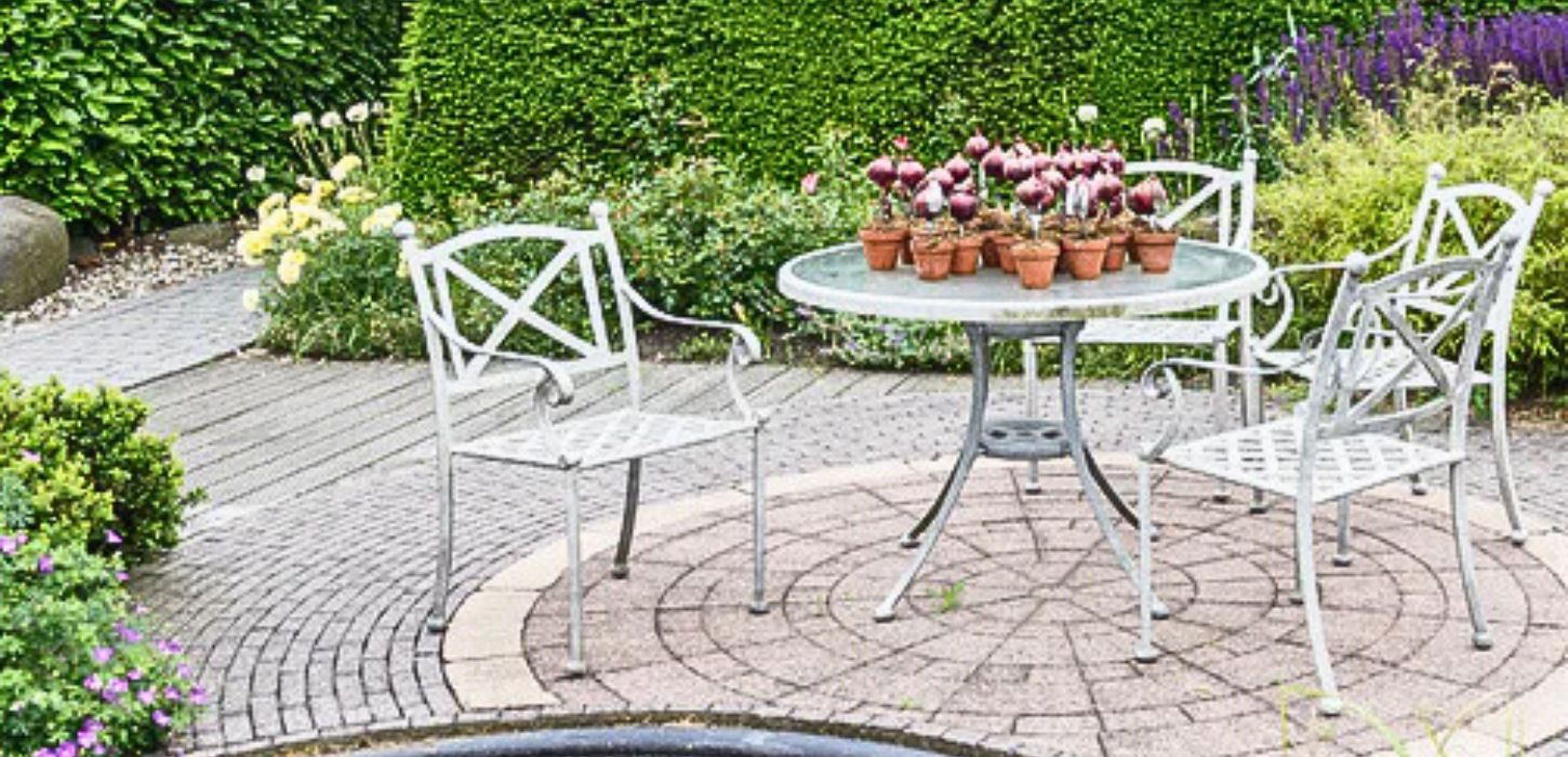patio table and chairs sitting amongst a garden