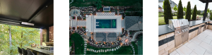A row of three images depicting an outdoor patio heater (left), a full-scale landscape design build featuring an inground pool and hardscaped patio with seamless lighting installed (middle), and an outdoor kitchen appliance underneath a pergola (right).